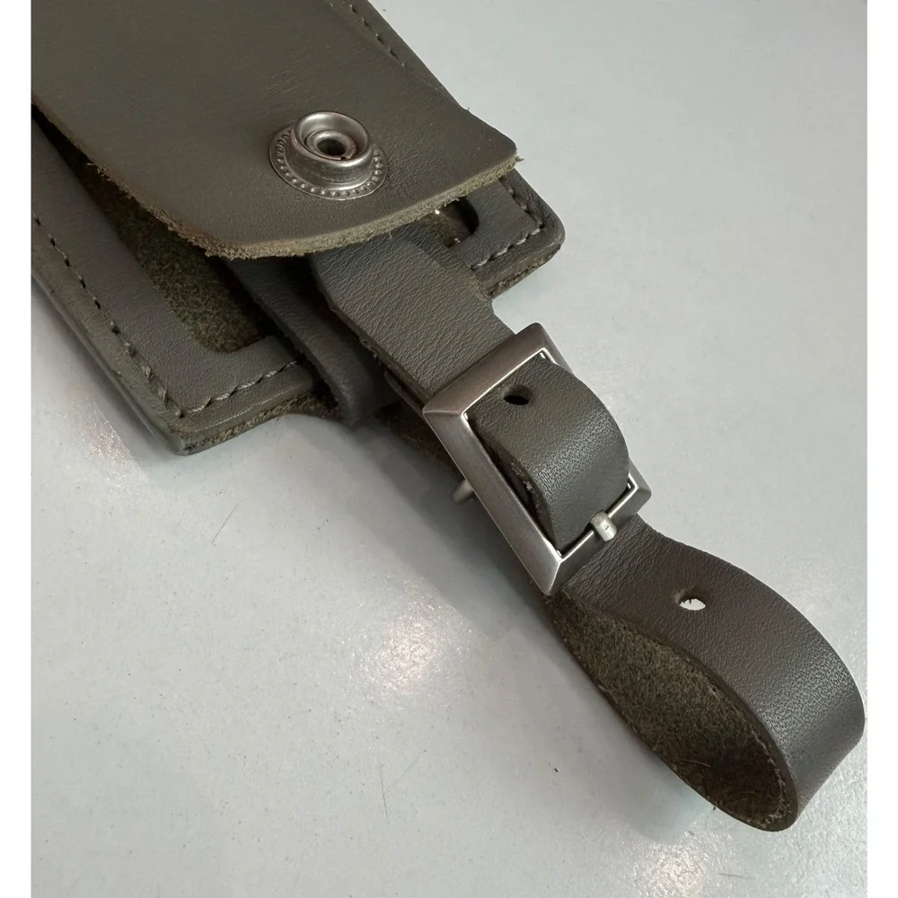 Tumi Grey Leather Luggage Tag Red Logo Buckle Strap Travel Accessory